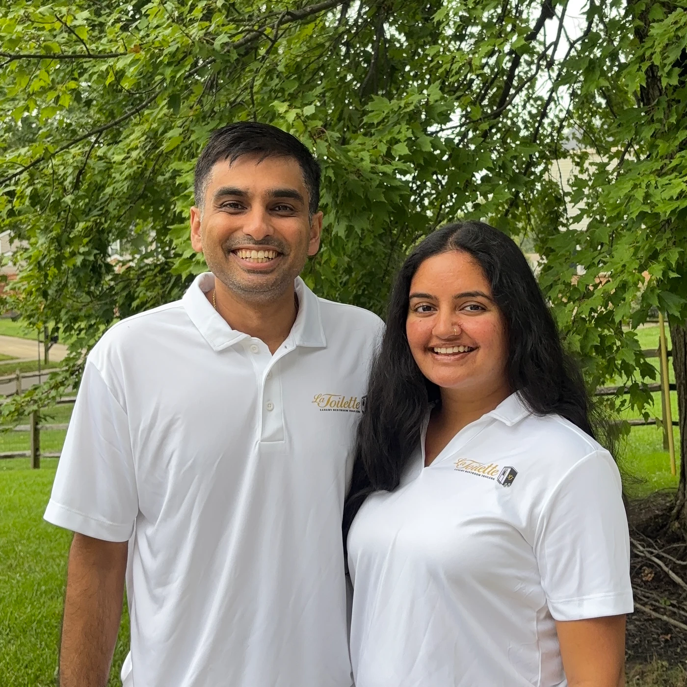 Parth and Aditi Shah in white La Toilette polo shirts