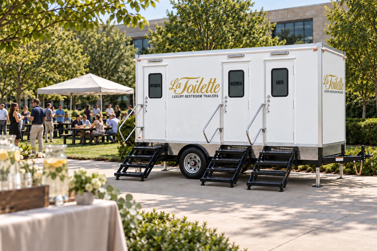 The trailer on a campus lawn beside a company event, with a canopy and guests at tables
