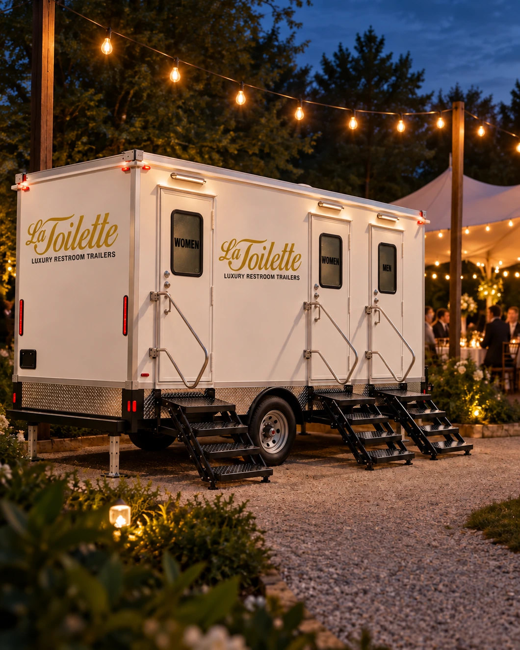 The trailer beside an evening reception, string lights overhead and a lit tent behind it