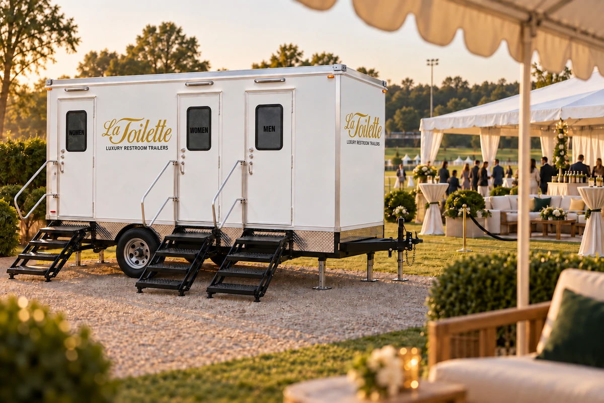 The trailer beside a hospitality tent at sunset, with event lighting behind it
