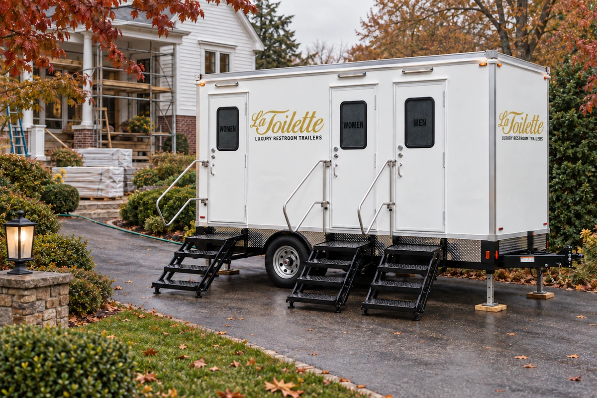 The trailer on the driveway of a house under renovation, with scaffolding behind it