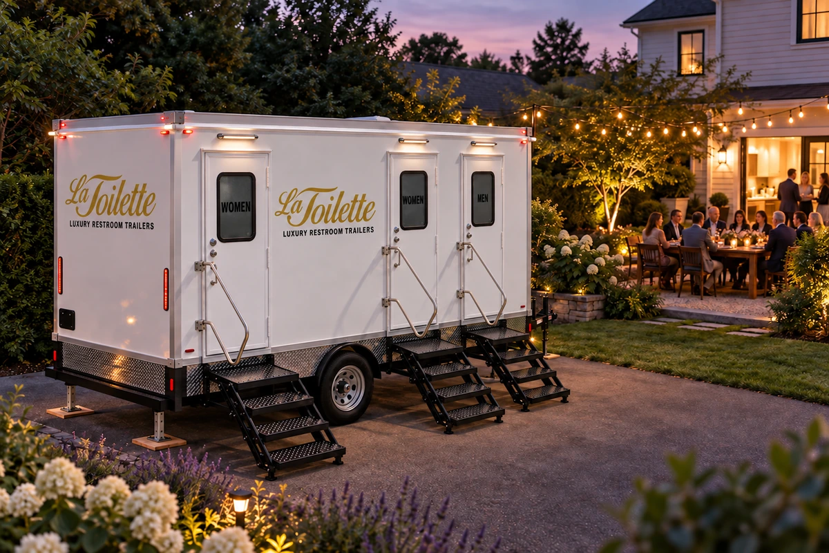 The trailer on a driveway beside a long, lit backyard dinner table