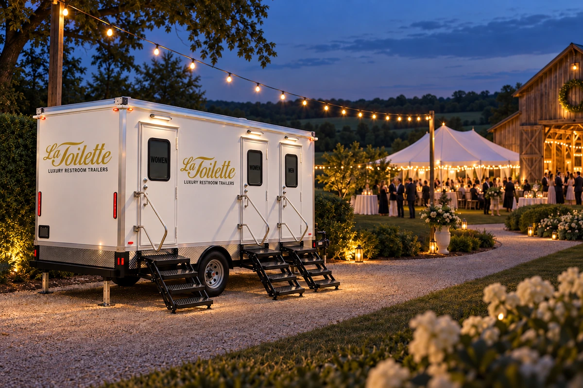 The trailer beside a barn reception at dusk, string lights overhead and a lit tent behind it