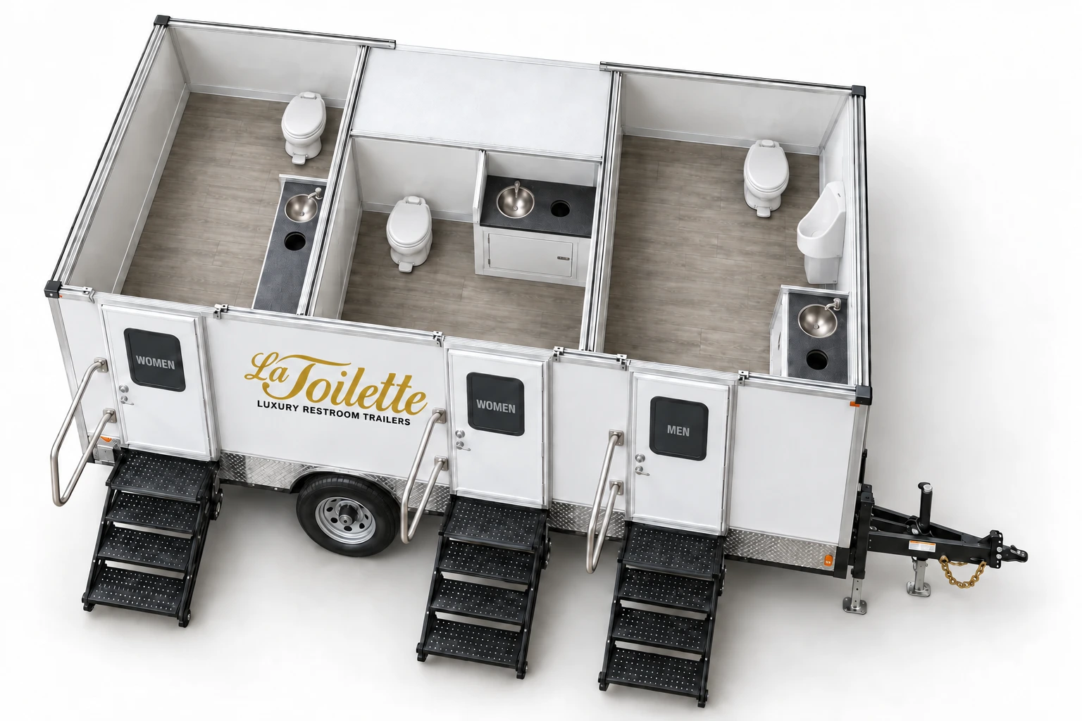A cutaway of the trailer showing all three rooms, each with its own toilet and sink