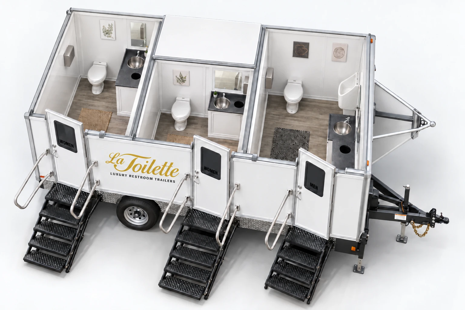 A cutaway showing the finished rooms: toilets, sinks, mirrors and wood-look floors