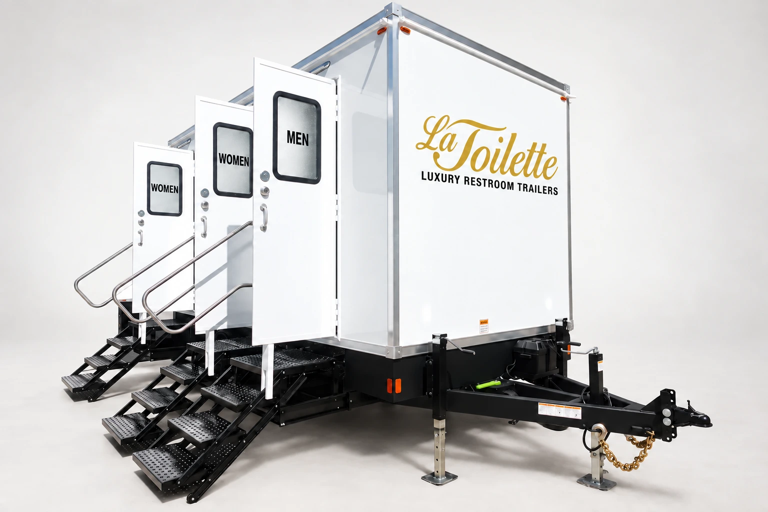 The trailer with all three doors open and every set of stairs down